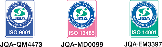 ISO 9001 JQA-QM4473, ISO 13485 JQA-MD0099, ISO 14001 JQA-EM3397